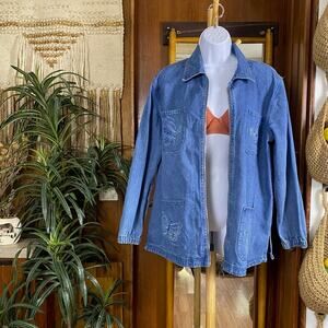 90s Rhinestone Butterfly Denim Jacket S Vintage Boho Embroidered Zip Shirt Layer